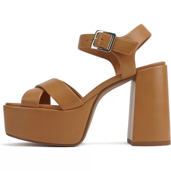 Soda MODIFY  Women Open Square Toe Crisscross Band Ankle Strap Buckle Platform High Heel SandalCamel Pu