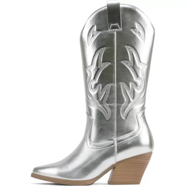 Soda Orville  Women Western Cowboy Stitched Pointe Toe Heel Ankle Mid Shaft Fashion BootsSilver