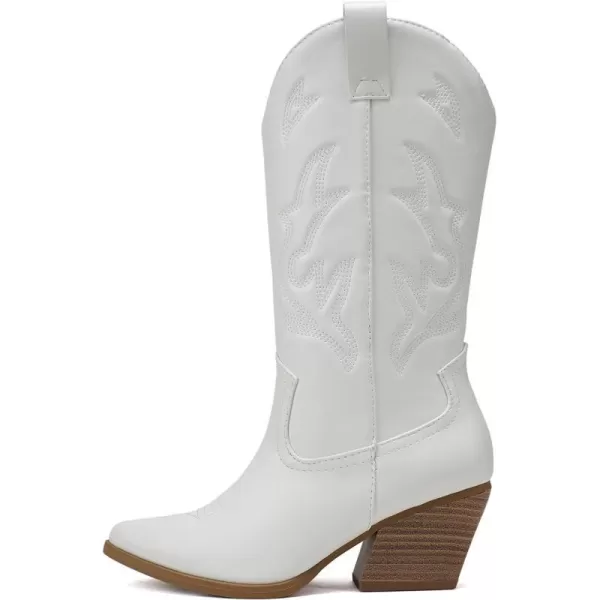 Soda Orville  Women Western Cowboy Stitched Pointe Toe Heel Ankle Mid Shaft Fashion BootsWhite Pu