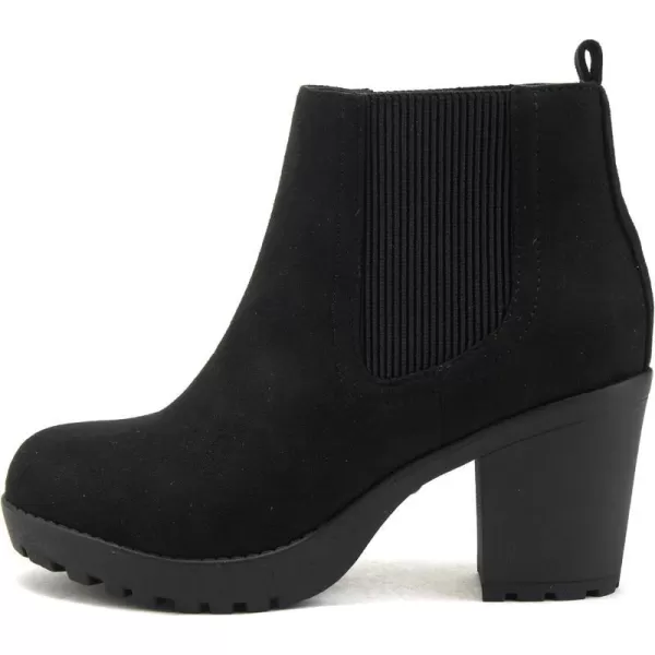 Soda PENSEE  Women Lug Sole Mid Heel Chelsea Fashion Ankle Bootie wDouble Elastic GoreBlack Suede