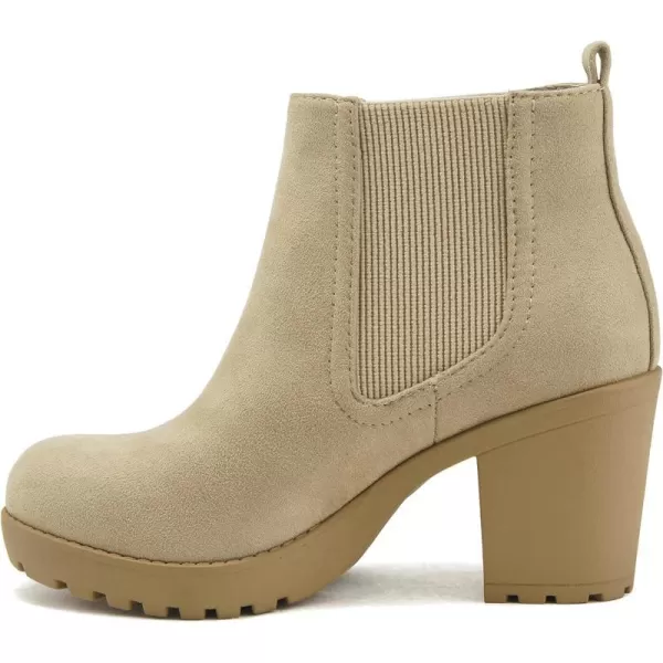 Soda PENSEE  Women Lug Sole Mid Heel Chelsea Fashion Ankle Bootie wDouble Elastic GoreLwheat Suede