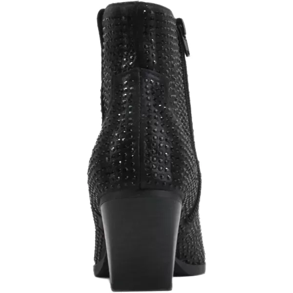 Soda BREW  Women Pointed Toe Low Heel Rhinestone Western Ankle Boot with Side ZipperBlack