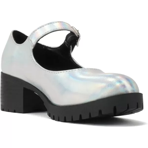 Soda Boxer2 KidsChildrenGirls Fashion Mary Jane Style Rounded Chunky Block Lug Sole Heel with Adjustable StrapSilver Iridescent Pu