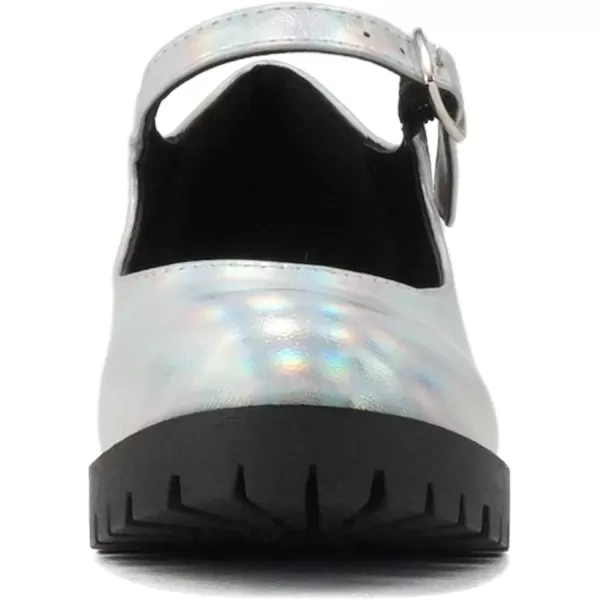 Soda Boxer2 KidsChildrenGirls Fashion Mary Jane Style Rounded Chunky Block Lug Sole Heel with Adjustable StrapSilver Iridescent Pu