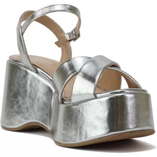 Soda TECNO  Women Square Toe Crisscross Upper High Heeled Wedge Sandal with Adjustable Ankle StrapSilver Metallic