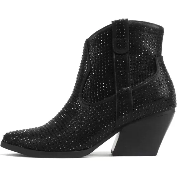 Soda BREW  Women Pointed Toe Low Heel Rhinestone Western Ankle Boot with Side ZipperBlack