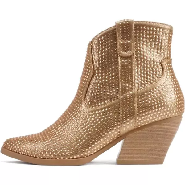 Soda BREW  Women Pointed Toe Low Heel Rhinestone Western Ankle Boot with Side ZipperBronze