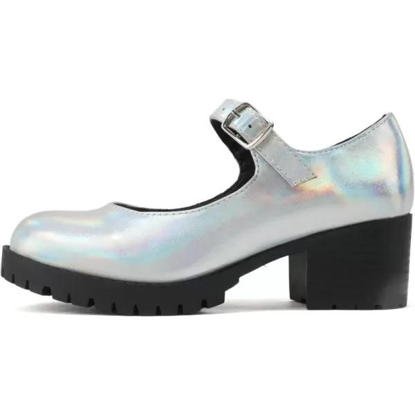 Soda Boxer2 KidsChildrenGirls Fashion Mary Jane Style Rounded Chunky Block Lug Sole Heel with Adjustable StrapSilver Iridescent Pu