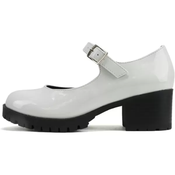 Soda Boxer2 KidsChildrenGirls Fashion Mary Jane Style Rounded Chunky Block Lug Sole Heel with Adjustable StrapWhite Patent