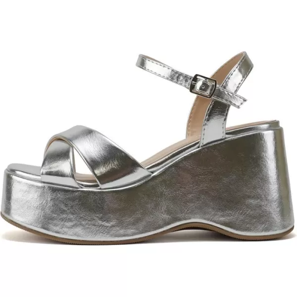 Soda TECNO  Women Square Toe Crisscross Upper High Heeled Wedge Sandal with Adjustable Ankle StrapSilver Metallic