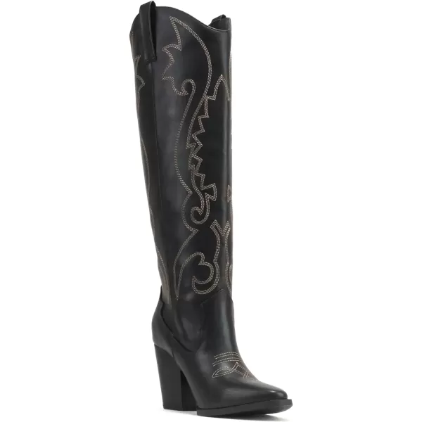 Soda ARCADE  Women Almond Toe Stitch Detail PullOn High Heel KneeHigh Western BootBlack Pu