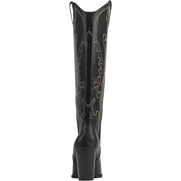 Soda ARCADE  Women Almond Toe Stitch Detail PullOn High Heel KneeHigh Western BootBlack Pu