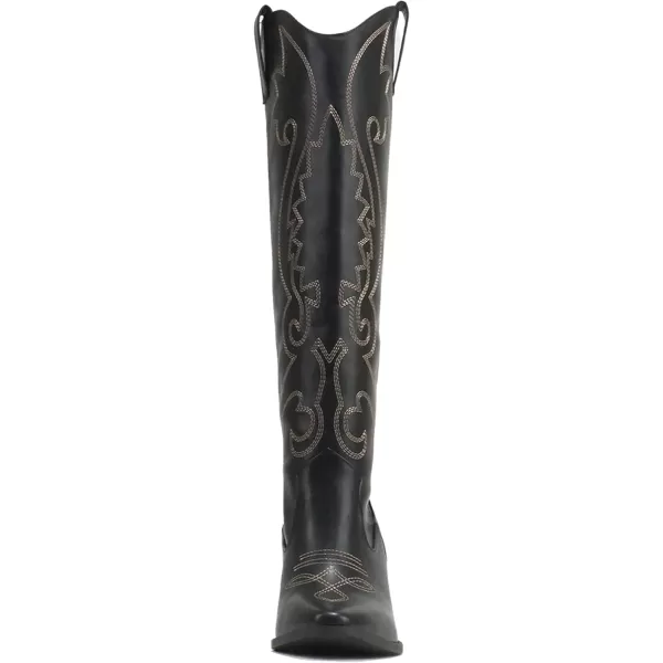 Soda ARCADE  Women Almond Toe Stitch Detail PullOn High Heel KneeHigh Western BootBlack Pu