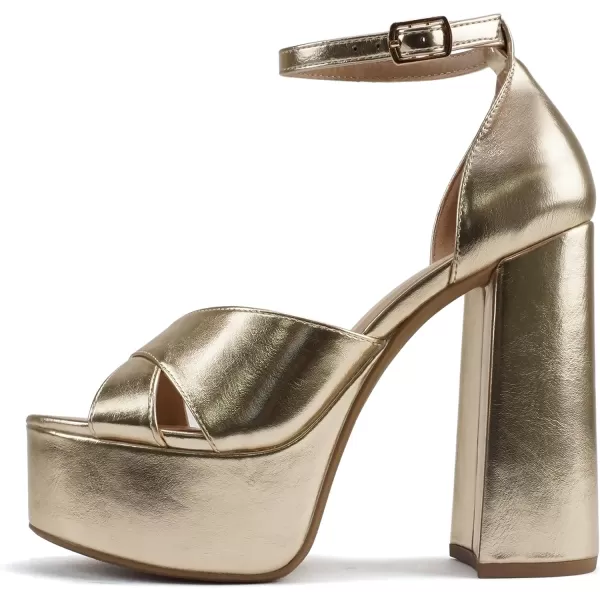 Soda ATOMIC  Women Open Round Toe Crisscross Band Closed Back Counter Platform High Heel Sandal with Adjustable Ankle StrapGold Metallic