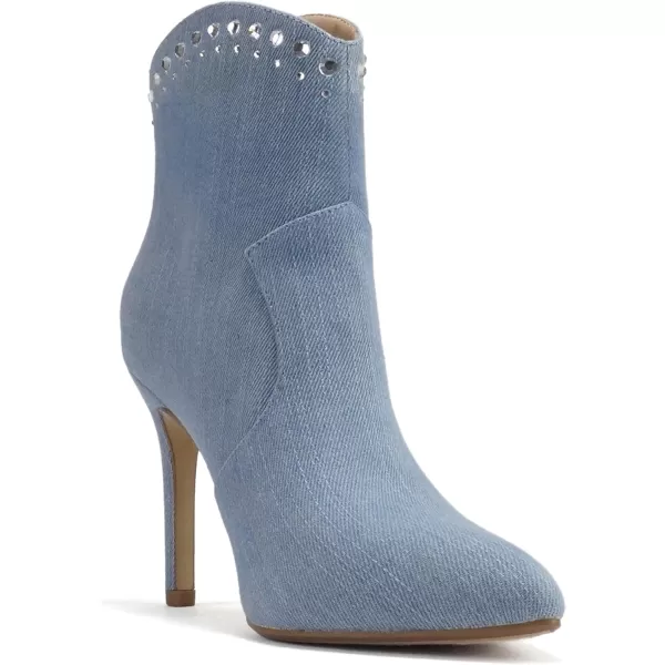 Soda BANGLE  Women Pointed Toe Stiletto High Heel Rhinestone Western Ankle Boot with Back ZipperLight Blue Denim