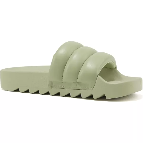 Soda BETWEEN  Women Flat Open Toe Single Plush Wide Strap With Fashion Footbed Slide SandalLgreen Pu