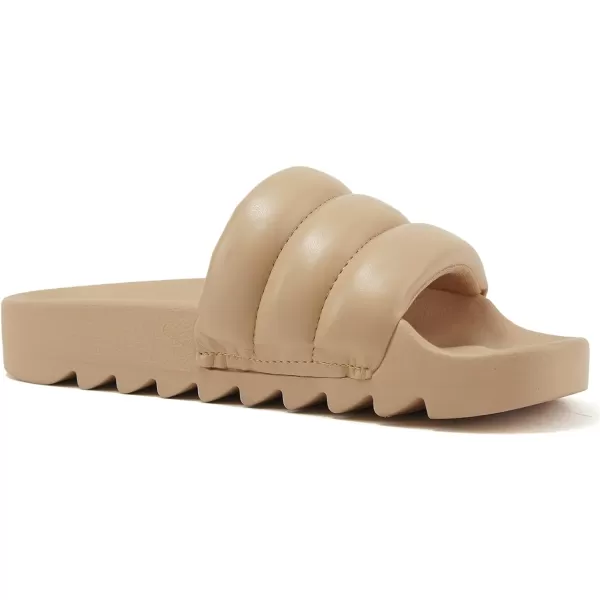 Soda BETWEEN  Women Flat Open Toe Single Plush Wide Strap With Fashion Footbed Slide SandalNude Pu