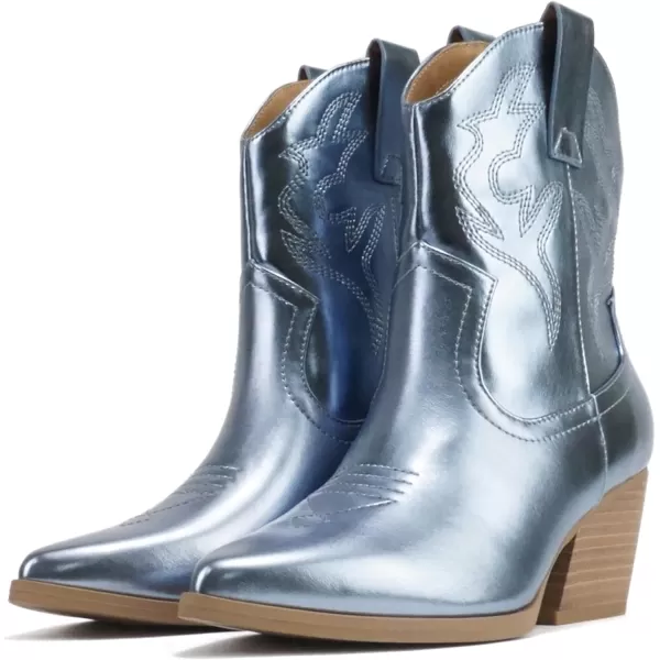 Soda BLAZING  Women Western Stitched Pointe Toe Low Heel High Top Ankle Shaft Boot BootieBlue Metallic Pu