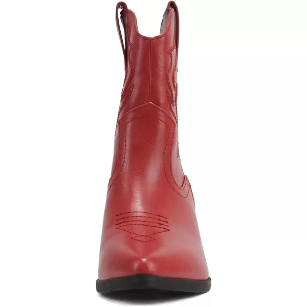 Soda BLAZING  Women Western Stitched Pointe Toe Low Heel High Top Ankle Shaft Boot BootieFire Red Pu