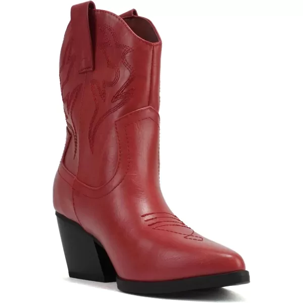 Soda BLAZING  Women Western Stitched Pointe Toe Low Heel High Top Ankle Shaft Boot BootieFire Red Pu