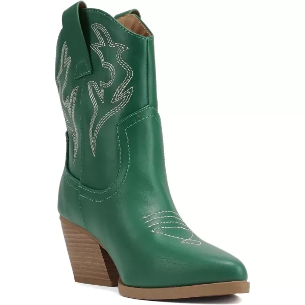 Soda BLAZING  Women Western Stitched Pointe Toe Low Heel High Top Ankle Shaft Boot BootieGreen Pu