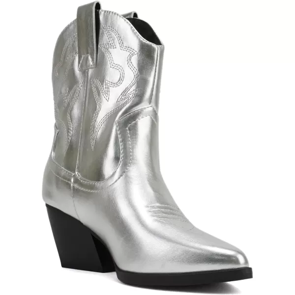 Soda BLAZING  Women Western Stitched Pointe Toe Low Heel High Top Ankle Shaft Boot BootieSilver Metallic Pu