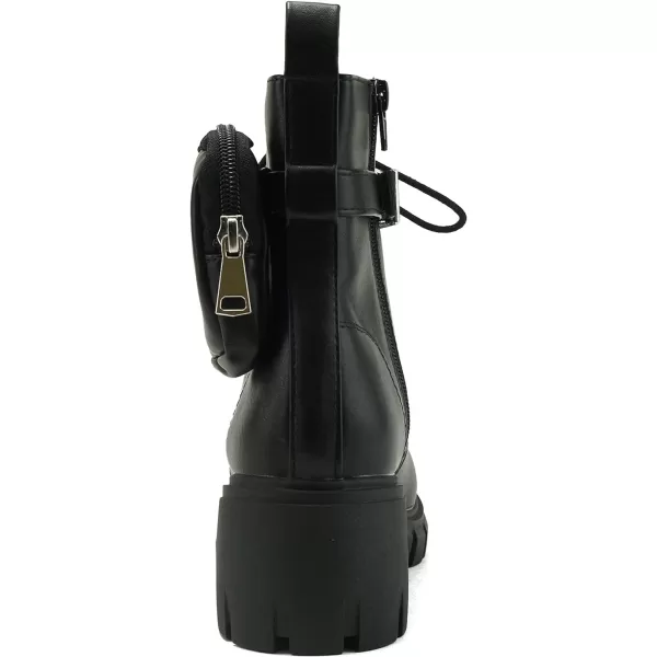 Soda BREACH  Women Lug SolenbspMid ShaftnbspChunky Heel Fashion CombatnbspLace up Bootie WSide Zipper amp PouchBlack Pu