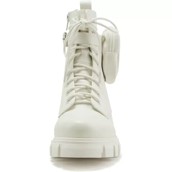 Soda BREACH  Women Lug SolenbspMid ShaftnbspChunky Heel Fashion CombatnbspLace up Bootie WSide Zipper amp PouchWhite Pu