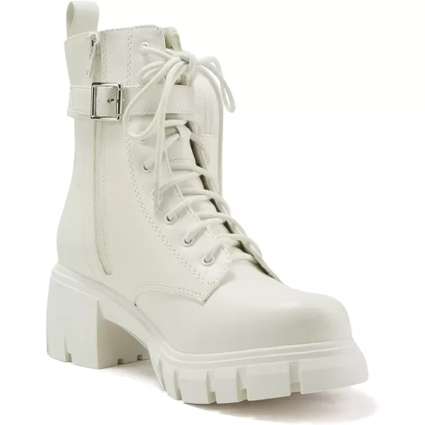 Soda BREACH  Women Lug SolenbspMid ShaftnbspChunky Heel Fashion CombatnbspLace up Bootie WSide Zipper amp PouchWhite Pu