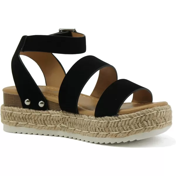 Soda BRYCE2 KidsChildrenGirls Open Toe Two Bands Espadrille Jute Platform Wedge Casual Fashion Flatform Sandals with Buckle Ankle StrapBlack Nubuck