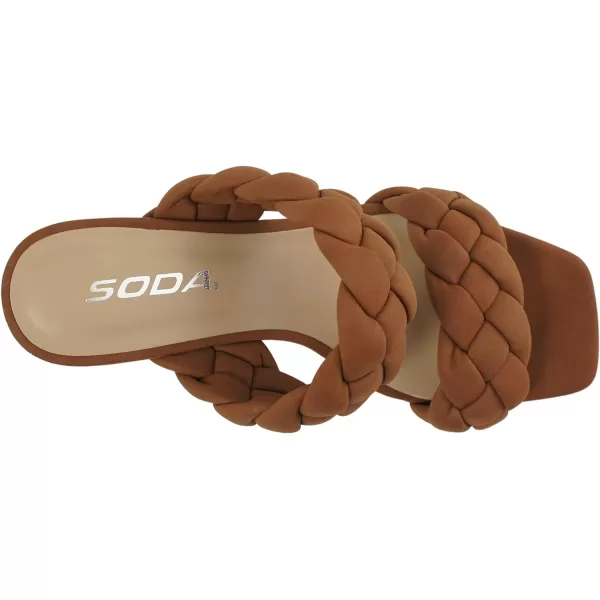 Soda BUGGY  Women Double Braided Straps Casual Open Square Toe Fashion Slide Block Heel SandalLt Cognac