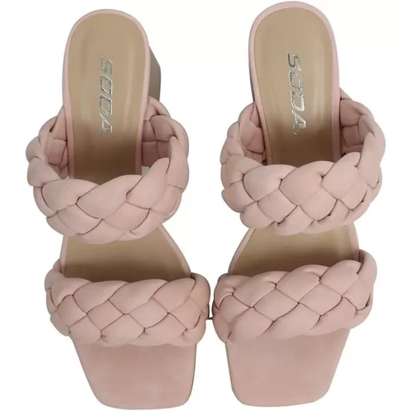 Soda BUGGY  Women Double Braided Straps Casual Open Square Toe Fashion Slide Block Heel SandalPink