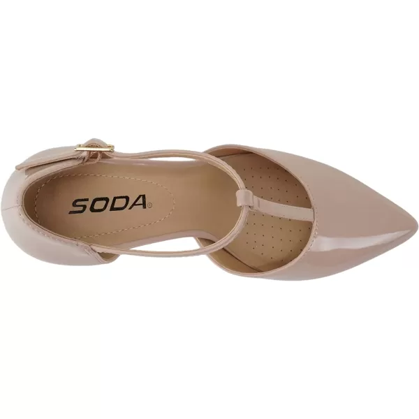 Soda Bahia  Women Pointed Toe Closed Back Counter Stiletto Mid Heel TStrap Pump ShoeBeige Patent