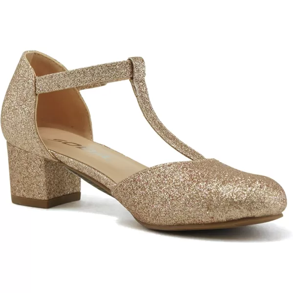 Soda Bluff2 KidsChildrenGirls Fashion Sparkly Bling Glitter Classic TStrap Mary Jane Block Heel Rounded ShoesRgold Glitter