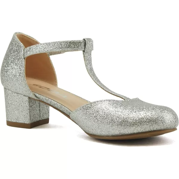 Soda Bluff2 KidsChildrenGirls Fashion Sparkly Bling Glitter Classic TStrap Mary Jane Block Heel Rounded ShoesSilver Glitter