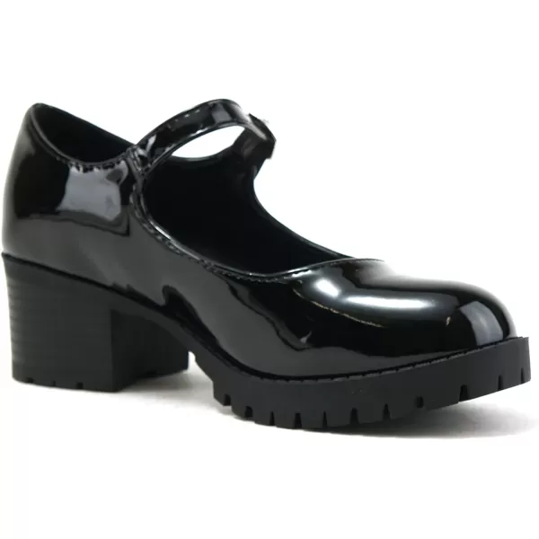 Soda Boxer2 KidsChildrenGirls Fashion Mary Jane Style Rounded Chunky Block Lug Sole Heel with Adjustable StrapBlack Patent