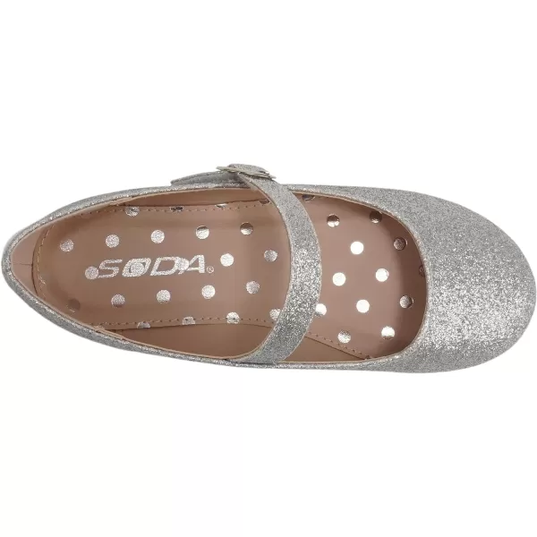 Soda CEIBO2  Little KidsChildrenGirls Round Closed Toe Mary Jane Adjustable Buckle Strap Ballet Flat ShoeSilver Glitter