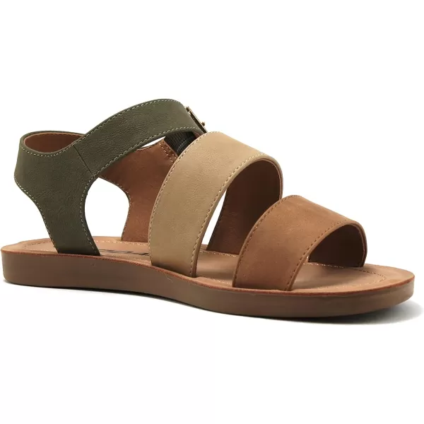 Soda COMING  Women Casual Open Toe Two Bands with Ankle Strap Fashion Slide Flat SandalKhaki Multi