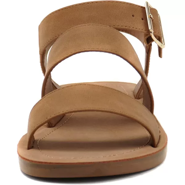 Soda COMING  Women Casual Open Toe Two Bands with Ankle Strap Fashion Slide Flat SandalTan Nubuck