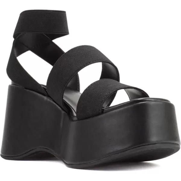 Soda CONEY  Women Open Square Toe Platform Flatform Double Elastic Band Ankle Strap Wedge SandalBlack Elastic