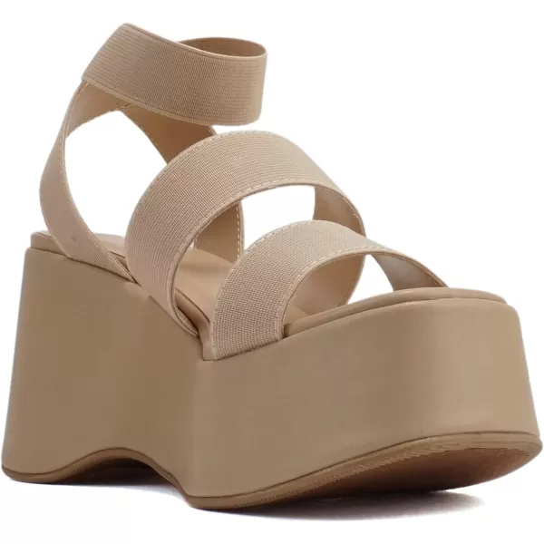 Soda CONEY  Women Open Square Toe Platform Flatform Double Elastic Band Ankle Strap Wedge SandalCamel Elastic