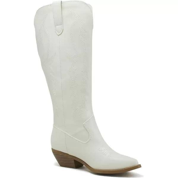 Soda COWBOY  Women Western Stitched Pointe Toe Mid Heel Tall Shaft Fashion BootsWhite Pu