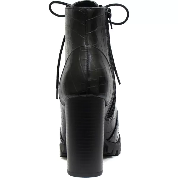 Soda Chalet  Fashion Lace up Military Inspired Ankle Boot with Stacked Heel and Side ZipperBlack Crocodile