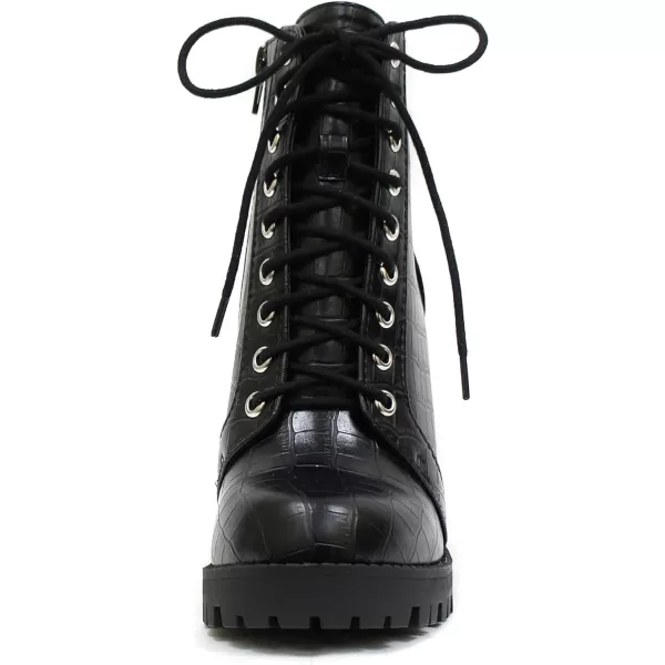 Soda Chalet  Fashion Lace up Military Inspired Ankle Boot with Stacked Heel and Side ZipperBlack Crocodile