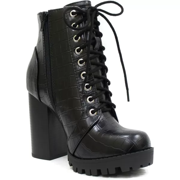 Soda Chalet  Fashion Lace up Military Inspired Ankle Boot with Stacked Heel and Side ZipperBlack Crocodile