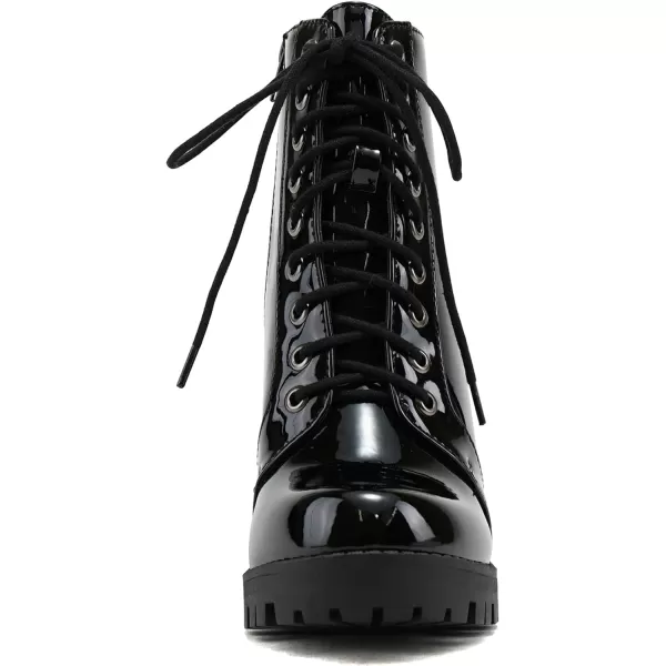 Soda Chalet  Fashion Lace up Military Inspired Ankle Boot with Stacked Heel and Side ZipperBlack Patent