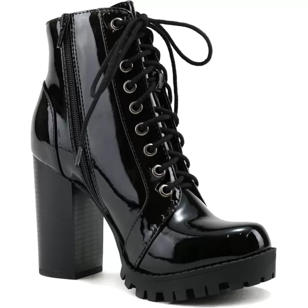 Soda Chalet  Fashion Lace up Military Inspired Ankle Boot with Stacked Heel and Side ZipperBlack Patent