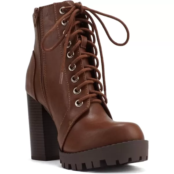 Soda Chalet  Fashion Lace up Military Inspired Ankle Boot with Stacked Heel and Side ZipperTan Pu