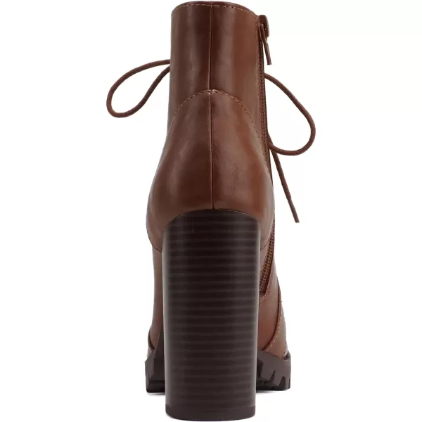 Soda Chalet  Fashion Lace up Military Inspired Ankle Boot with Stacked Heel and Side ZipperTan Pu