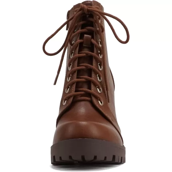 Soda Chalet  Fashion Lace up Military Inspired Ankle Boot with Stacked Heel and Side ZipperTan Pu